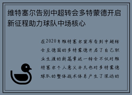 维特塞尔告别中超转会多特蒙德开启新征程助力球队中场核心